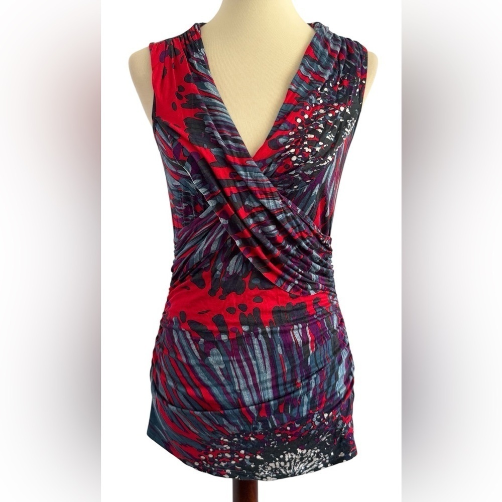 Weston Wear Red Blue Splash Color Sleeveless V Neck Y2K 2000's Blouse Size Small